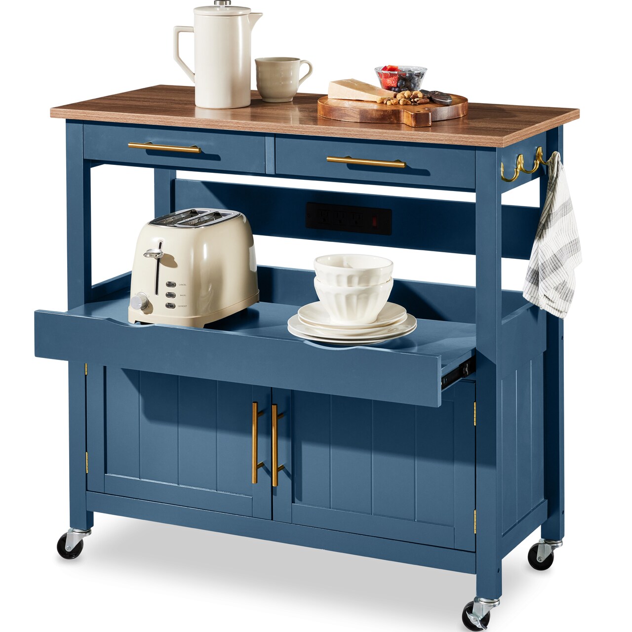 Best Choice Products 36in Large Rolling Kitchen Island Cart, 2-Door Cabinet, Outlet, Hooks, & Wheels
